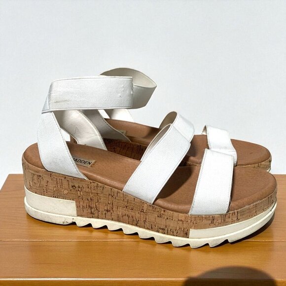 Steve Madden Womens White Platform Sandals 8.5M Cork Sole Elastic Straps Comfort - Picture 1 of 8